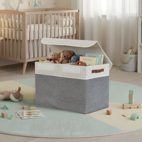 DECOMOMO Large Toy Storage Box, Toy Storage Bins with Lid (Grey & White) | 25" x 12" x 16" Toy Chest Storage, Sturdy Collapsible Kids Toy Storage, Baby Storage Organizer for Kids, Playroom, Nursery in Kuwait