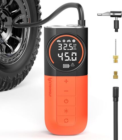 ETENWOLF S1 Tire Inflator Portable Air Compressor, 160PSI Cordless Air Pump | Fast Inflation,Tire Pump for Car Tires,Motorcycle,Balls-Bike Pump with LED Light-Auto-Shut Off-Digital Pressure Gauge, Orange in Kuwait
