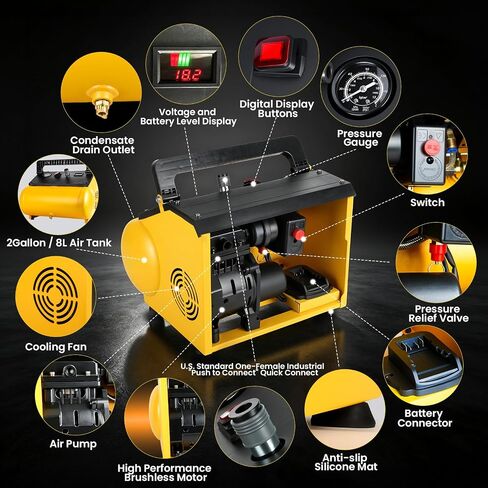 2 Gallon Cordless Air Compressor for DEWALT 20V MAX Battery (Tool Only) | Oil-Free, Max 120 PSI, with 8 PCS Accessory Kit, Portable, Battery Not Included in Kuwait