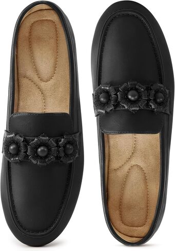 Ecetana Loafers for Women Comfortable Flats - Casual Slip On Shoes for Work | Penny Loafers with Floral - Memory Foam Cushioned Footbed - Flexible Non-Slip Driving Moccasins for Walking - All-Day Comfort in Kuwait