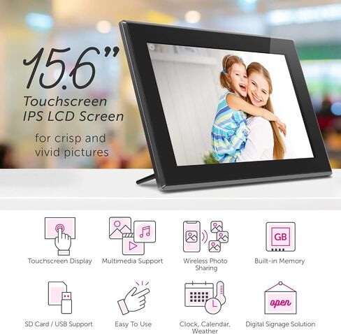 Aluratek 15.6" WiFi Digital Photo Frame with Touchscreen IPS LCD Display & 16GB Built-in Memory, Photo/Music/Video (AWS15F) , Black in Kuwait