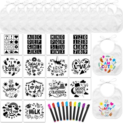 Jutom 38 Pcs DIY Baby Bibs Decorating Kit 14 Bibs 14 Stencils 10 Fabric Markers 2 Ply Feeder Design Bib for Shower Games in Kuwait