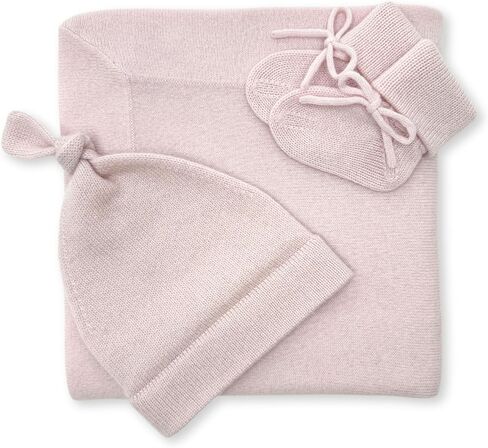 Jet&Bo BABY 100% Cashmere Baby Blanket, Beanie and Booties Gift Set Luxe Knit Pink - Size 0-6 Months - Gift Box and Card Included in Kuwait