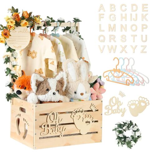 Wooden Baby Shower Crate Closet, Personalized Baby Gift Basket with Hanger | New Born Girl Boy Large Clothes Storage Box for Baby Shower for Pregnancy New Mom Parent in Kuwait