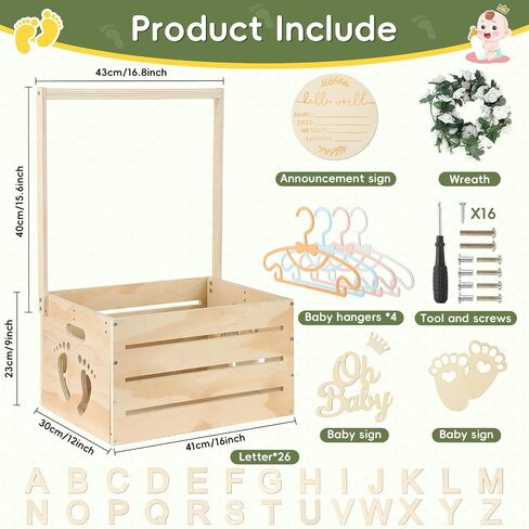 Wooden Baby Shower Crate Closet, Personalized Baby Gift Basket with Hanger | New Born Girl Boy Large Clothes Storage Box for Baby Shower for Pregnancy New Mom Parent in Kuwait