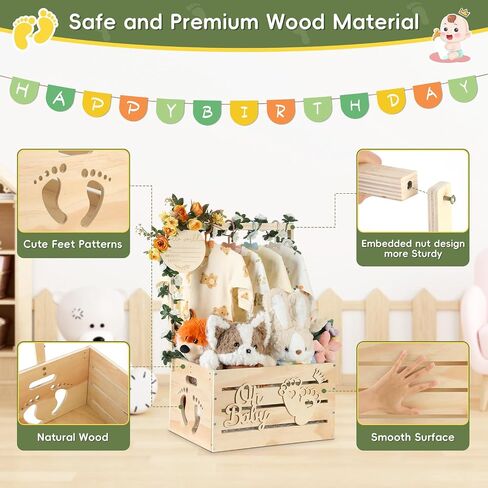 Wooden Baby Shower Crate Closet, Personalized Baby Gift Basket with Hanger | New Born Girl Boy Large Clothes Storage Box for Baby Shower for Pregnancy New Mom Parent in Kuwait
