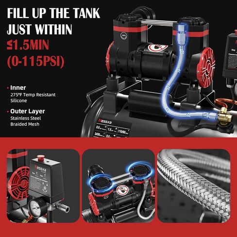 8 Gallon Ultra Quiet Air Compressor, 1.5HP 4.52 CFM, Max 115 PSI Oil-Free Air Compressor Tank for Car Repair, Spray Painting, Woodwork Nailing, 110V/60hz, 70dB in Kuwait