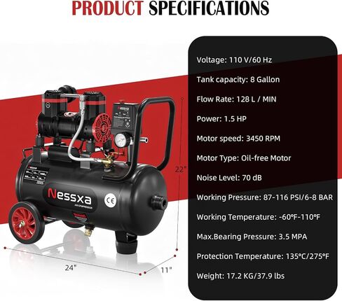 8 Gallon Ultra Quiet Air Compressor, 1.5HP 4.52 CFM, Max 115 PSI Oil-Free Air Compressor Tank for Car Repair, Spray Painting, Woodwork Nailing, 110V/60hz, 70dB in Kuwait