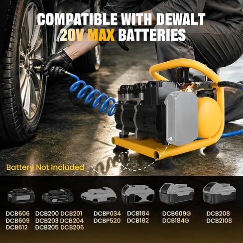 Cordless Air Compressor for DEWALT 20V MAX Battery (No Battery) 1 Gallon | Oil-Free, Max 120 PSI, Portable Lightweight, with 8 PCS Accessory Kit, for Woodwork Nailing, Tire Inflation, Tool Only in Kuwait