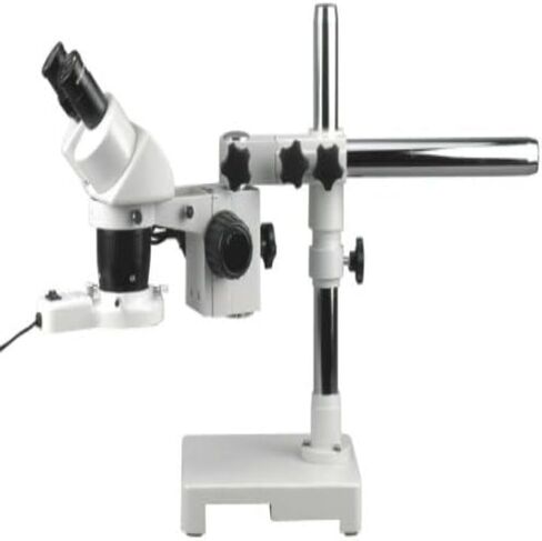 AmScope SW-3B13Z-FRL Binocular Stereo Microscope, WH10x Eyepieces, 10X/20X/30X/60X Magnification, 1X/3X Objective, Single-Arm Boom Stand, 8W Fluorescent Ring Light, 110V-120V, Includes 2.0x Barlow Lens | DIN Standard RMS 20.32mm Thread 160mm Finite Tube L in Kuwait