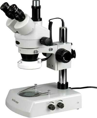 AmScope SM-2TX-LED Professional Trinocular Stereo Zoom Microscope, WH10x Eyepieces, 3.5X-45X Magnification, 0.7X-4.5X Zoom Objective, Upper and Lower LED Lighting, Pillar Stand, 110V-120V, Includes 0.5X Barlow Lens in Kuwait