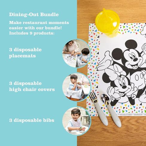 J.L. Childress Disney Baby Dining Out Bundle - Disposable Table Placemats & Bibs for Baby, High Chair Covers for Restaurant, Kids Travel Essentials for Eating - 3 Bundles in Kuwait