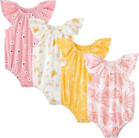 MAMIMAKA Newborn Baby Girl Sleeveless Rompers Ruffle Bodysuits Infant Outfits 4 Pack in Kuwait