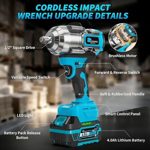 1/2" Cordless Impact Wrench,1107FT-LBS(1500Nm) Brushless High Torque Impact Gun,Electric Impact Driver with 2 x 4.0Ah Battery,Charger & 6 Sockets,Pistola De Impacto for Car/Mower/Pickup in Kuwait