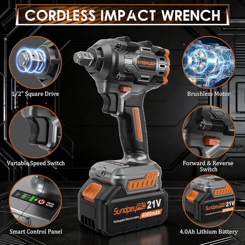 21V Cordless Impact Wrench - 750Ft-lbs(1000N·m) High Torque Brushless Power 1/2 Inch Impact Gun with 2 x 4.0Ah Batteries & 6 Sockets & Fast Charger & Case for Car & Truck & RV & Home DIY in Kuwait