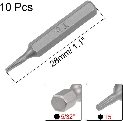 uxcell Torx Bits 10pcs 5/32 Inch Hex Shank T5 Torx Screwdriver Bit Set 28mm Length S2 Screw Driver Kit Tools in Kuwait