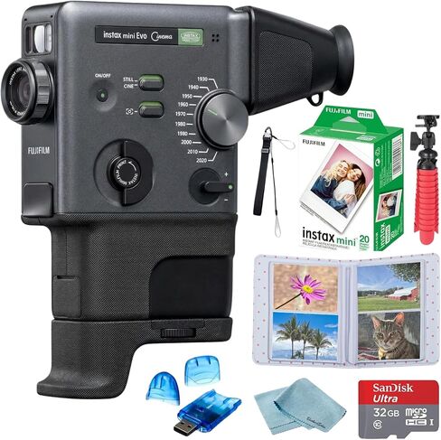 FUJIFILM instax Mini Evo Cinema Hybrid Instant Camera Bundle, 3-in-1 Camera Printer with Bluetooth + instax Mini Film Twin Pack (20 Sheets) + SD Card + Accessories + BluebirdSales Cleaning Cloth in Kuwait