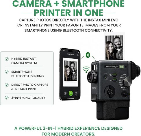 FUJIFILM instax Mini Evo Cinema Hybrid Instant Camera Bundle, 3-in-1 Camera Printer with Bluetooth + instax Mini Film Twin Pack (20 Sheets) + SD Card + Accessories + BluebirdSales Cleaning Cloth in Kuwait