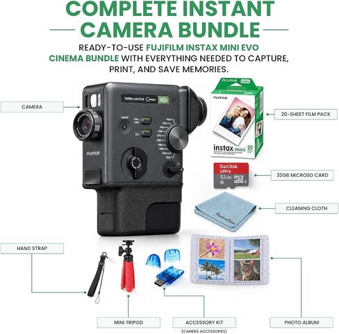FUJIFILM instax Mini Evo Cinema Hybrid Instant Camera Bundle, 3-in-1 Camera Printer with Bluetooth + instax Mini Film Twin Pack (20 Sheets) + SD Card + Accessories + BluebirdSales Cleaning Cloth in Kuwait