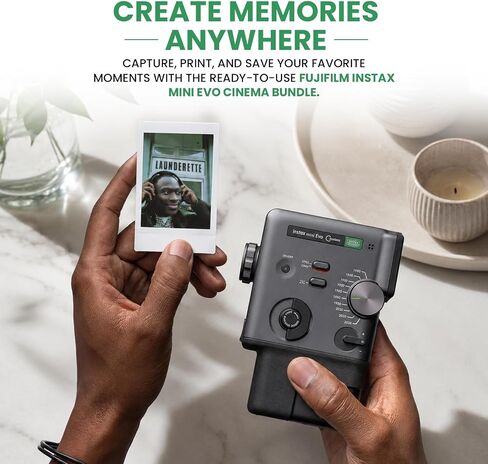 FUJIFILM instax Mini Evo Cinema Hybrid Instant Camera Bundle, 3-in-1 Camera Printer with Bluetooth + instax Mini Film Twin Pack (20 Sheets) + SD Card + Accessories + BluebirdSales Cleaning Cloth in Kuwait