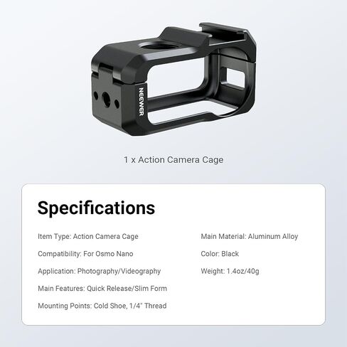 NEEWER Camera Cage Compatible with DJI Osmo Nano Action Camera & Combo Photography Accessories Only, Quick Release Lightweight Metal Video Rig Stabilizer with Cold Shoe & 1/4" Thread for POV, AC066 in Kuwait