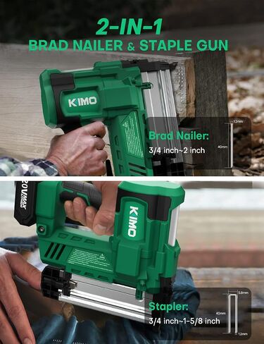 KIMO 18 Gauge Nail Gun Battery Powered w/ 2 X 2.0Ah Battery, 1000pcs Nails and Staples, 2 IN 1 Cordless Brad Nailer and Stapler, 2 Firing Modes, 180 Nails/min, Adjustable Nailing Depth for DIY Project in Kuwait