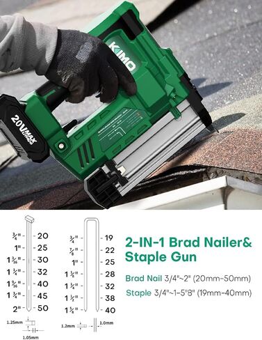 KIMO 18 Gauge Nail Gun Battery Powered w/ 2 X 2.0Ah Battery, 1000pcs Nails and Staples, 2 IN 1 Cordless Brad Nailer and Stapler, 2 Firing Modes, 180 Nails/min, Adjustable Nailing Depth for DIY Project in Kuwait