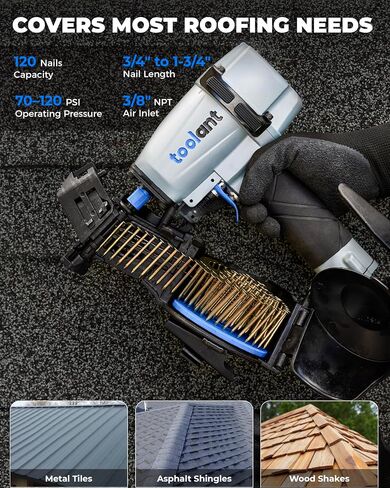 toolant Roofing Nailer, Pneumatic Roofing Nail Gun for 3/4" to 1-3/4" Nails & Work Gloves MicroFoam Nitrile Coated, 15 Gauge Breathable Nylon with Grip in Kuwait