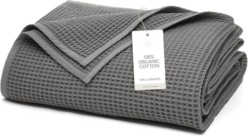 BOLL & BRANCH Waffle Bed Blanket, Twin/Twin XL, Pewter | Luxury 100% Organic Cotton - Soft, Lightweight and Breathable - Textured Waffle Weave Design in Kuwait