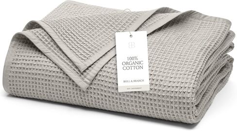 BOLL & BRANCH Waffle Bed Blanket, Twin/Twin XL, Pewter | Luxury 100% Organic Cotton - Soft, Lightweight and Breathable - Textured Waffle Weave Design in Kuwait