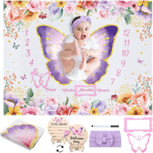 Butterfly Milestone Blanket for Baby Girls Baby Milestone Blanket | Newborn Growth Blanket Photography Background with Wooden Signs, Frames, Bow Headband,Purple in Kuwait