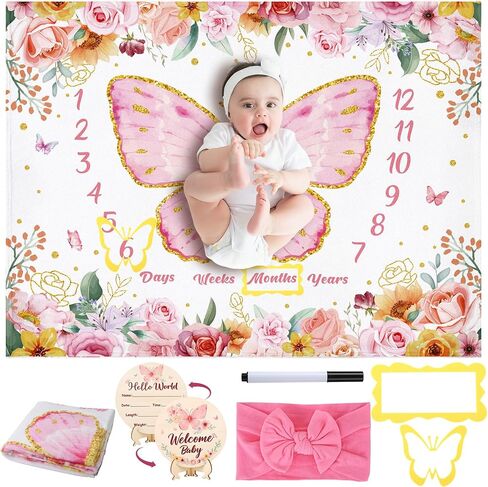 Butterfly Milestone Blanket for Baby Girls Baby Milestone Blanket | Newborn Growth Blanket Photography Background with Wooden Signs, Frames, Bow Headband,Purple in Kuwait