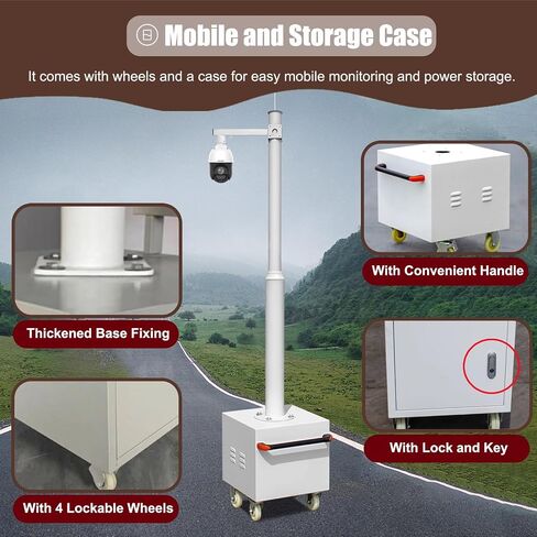 8Ft Rolling Surveillance Camera Pole with Lockable Wheels, Adjustable Security Bracket for Traffic & Gas Stations, Temporary Monitoring Solution in Kuwait