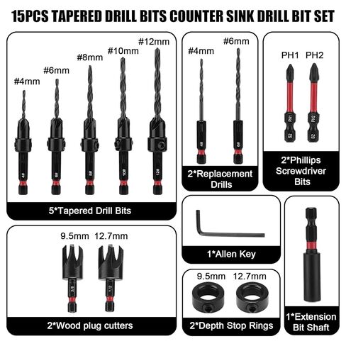 Mayouko Countersink Drill Bit Set, 15 PCS Tapered Drill Bits Counter Sink Drill Bit for Woodworking, Wood Plug Cutters 1/4" Hex Shank Quick Change in Kuwait