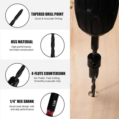 Mayouko Countersink Drill Bit Set, 15 PCS Tapered Drill Bits Counter Sink Drill Bit for Woodworking, Wood Plug Cutters 1/4" Hex Shank Quick Change in Kuwait