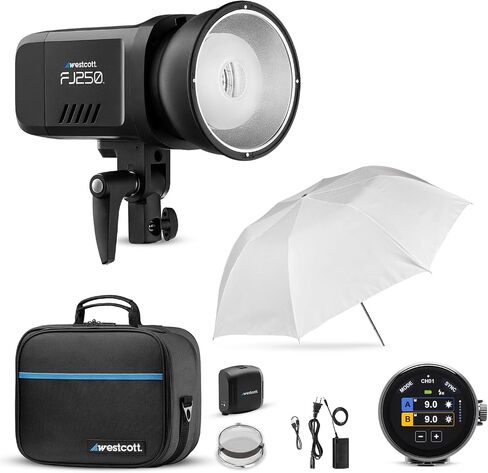 Westcott FJ250 250Ws Strobe Monolight with AC/DC Battery & Umbrella Bundle | Bundle includes 43" White Satin Diffusion Umbrella. Features OLED touchscreen, 9-stop power range, & 0.01–0.9 sec recycling in Kuwait
