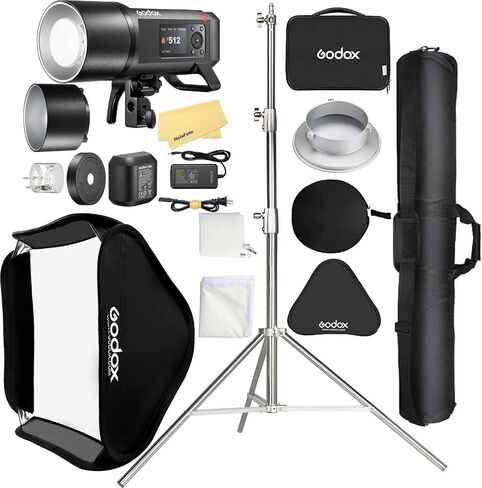 GODOX AD300 Pro II Outdoor Flash with Godox Softbox 80cmX80cm /32" X 32" | +2.8M Heavy Duty Light Stand and Carry Bag for Canon Sony Nikon Fujifilm Olympus Panasonic,0.01-1.5s Recycle Time in Kuwait