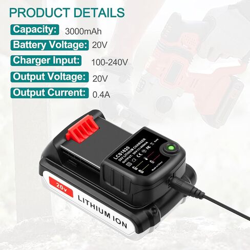 2 Pack 20V Lithium Battery and Charger Replacement for Black+Decker 20V MAX Lithium Ion Battery + Charger LBXR20 LB20 LBX20 LBXR2020-OPE LBX4020 in Saudi Arabia