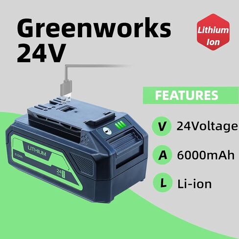 DTK Replacement for Greenworks 24V Battery 6.0 Ah 29842 29852 BAG709 BAG710 Fit 20352 22232 2508302 Tools 2 Packs with 5V 2.0Ah USB Output in Kuwait
