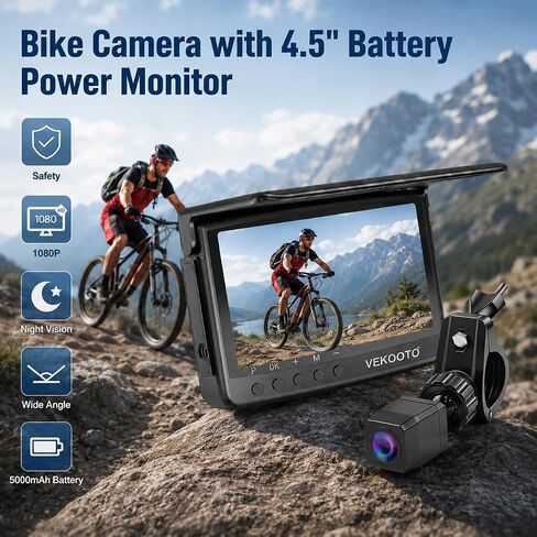 VEKOOTO VB5 Bike Camera Rechargeable Battery 360° Rotation - 5'' HD 1080P Monitor Color Night Vision 3 Mins Easy Installation Handlebar Bicycle Rear View Camera for Mountain Ebike in Kuwait