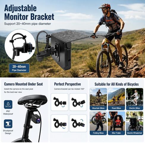 VEKOOTO VB5 Bike Camera Rechargeable Battery 360° Rotation - 5'' HD 1080P Monitor Color Night Vision 3 Mins Easy Installation Handlebar Bicycle Rear View Camera for Mountain Ebike in Kuwait