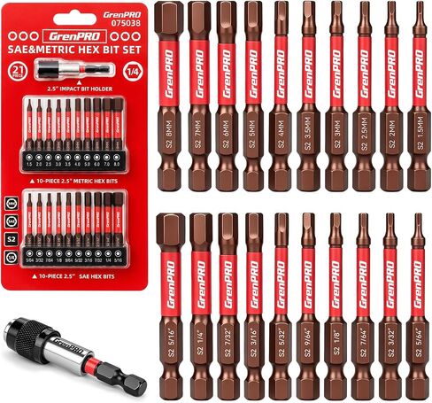 GRENPRO 21-Piece 2.5" Allen Wrench Drill Bit Set, Metric & SAE | Hex Head Bits, 1/4" Hex Screwdriver Bits Set with Durable Magnetic Impact Bit Holder, S2 Steel, Mechanic Home Repair in Kuwait