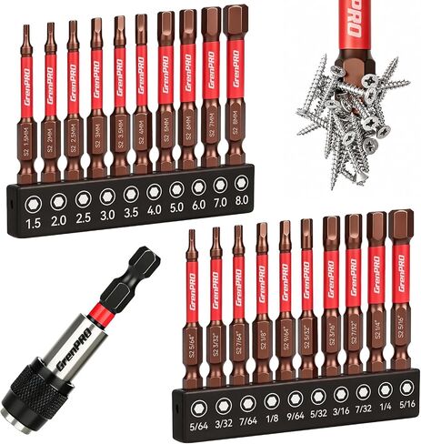 GRENPRO 21-Piece 2.5" Allen Wrench Drill Bit Set, Metric & SAE | Hex Head Bits, 1/4" Hex Screwdriver Bits Set with Durable Magnetic Impact Bit Holder, S2 Steel, Mechanic Home Repair in Kuwait
