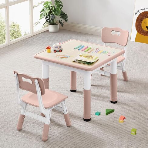 Height Adjustable Kids Table and Chairs Set (2 Chairs) for Ages 2-8 | Non-Slip Toddler Activity Table with Wipe-Clean Desktop, Montessori Learning & Art Drawing Desk for Home Preschool Classroom in Kuwait
