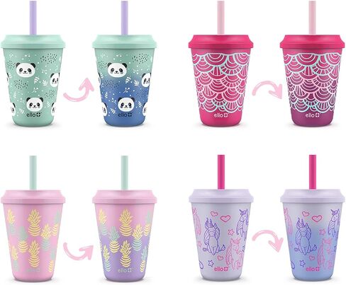 Ello 12oz Kids Plastic Reusable Color Changing Cups with Twist on Splash-Proof Lids and Straw, BPA Free, Dishwasher Safe in Kuwait
