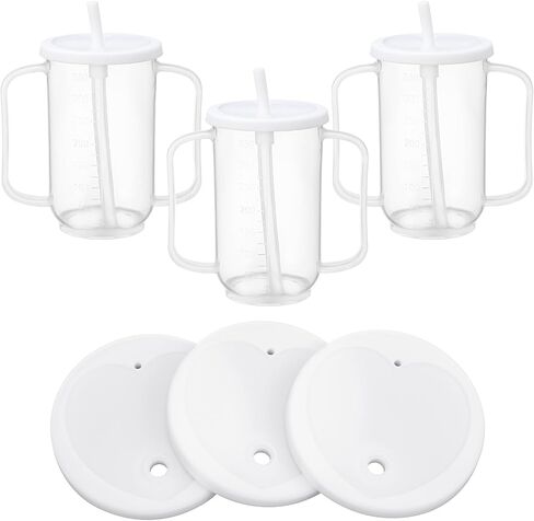 Sliner 3 Pcs Adults Sippy Cups for Elderly 12 oz Straw Sippy Cups with 2 Handles No Spill for Adults Spill Proof Dysphagia Cup for Disabled Patients Elderly Care (White) in Kuwait