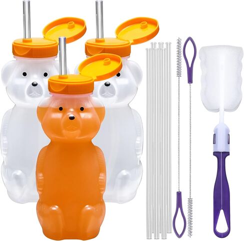 Special Supplies Honey Bear Straw Cup Long Straws, Squeezable Therapy and Special Needs Assistive Drink Container, Spill Proof and Leak Resistant Lid (Pack of 3 Bottles and 6 Straws) in Kuwait