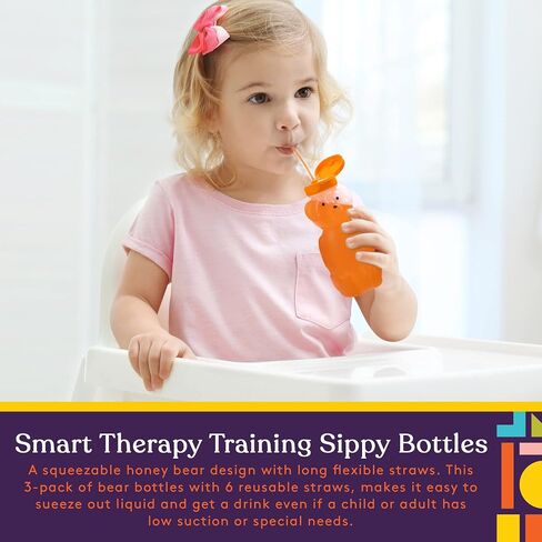 Special Supplies Honey Bear Straw Cup Long Straws, Squeezable Therapy and Special Needs Assistive Drink Container, Spill Proof and Leak Resistant Lid (Pack of 3 Bottles and 6 Straws) in Kuwait