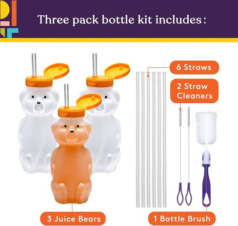 Special Supplies Honey Bear Straw Cup Long Straws, Squeezable Therapy and Special Needs Assistive Drink Container, Spill Proof and Leak Resistant Lid (Pack of 3 Bottles and 6 Straws) in Kuwait