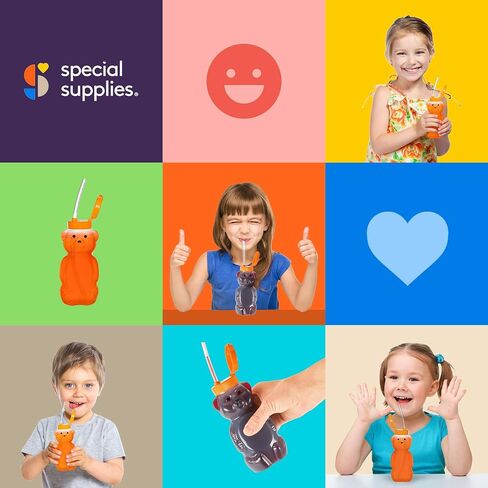 Special Supplies Honey Bear Straw Cup Long Straws, Squeezable Therapy and Special Needs Assistive Drink Container, Spill Proof and Leak Resistant Lid (Pack of 3 Bottles and 6 Straws) in Kuwait